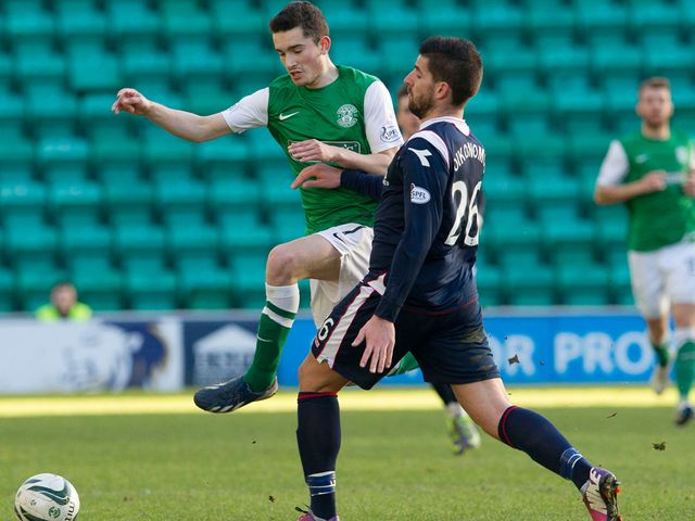 Alex Harris is challenged by Ross County's Evangelos Oikonomou