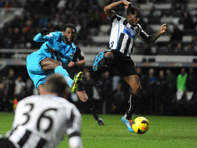 Emmanuel Adebayor scores his second of the game