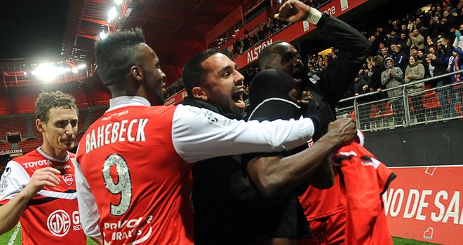 Valenciennes celebrate their late winning goal