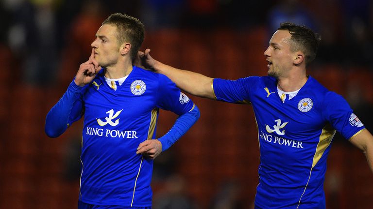 Jamie Vardy: Celebrates his opening goal against Barnsley