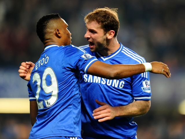 Samuel Eto'o is congratulated by Branoslav Ivanovic