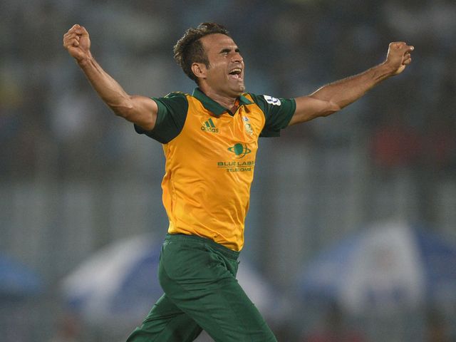 Imran Tahir celebrates after ripping out the middle order