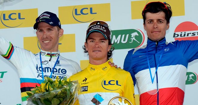 Carlos Betancur, centre, beat Rui Costa, left, by 14 seconds
