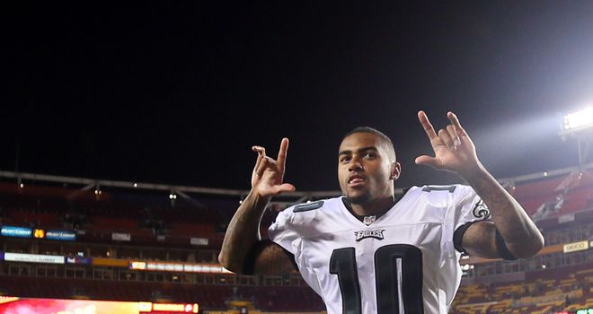 Wide receiver DeSean Jackson of the Philadelphia Eagles celebrates after beating Washington