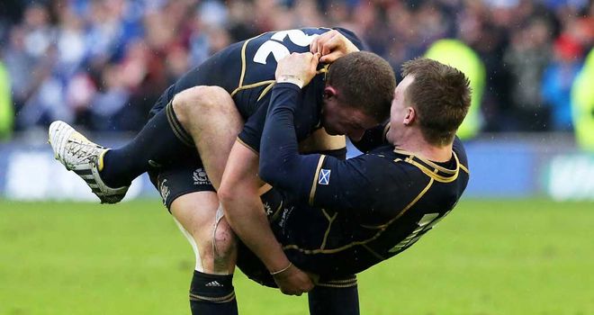 Duncan Weir and Stuart Hogg in celebratory mood