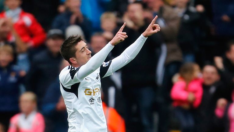 Pablo Hernandez: Celebrates scoring in Swansea's 4-1 win over Aston Villa
