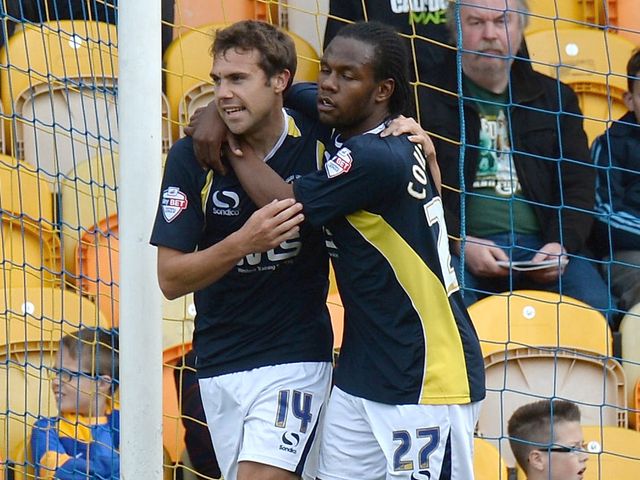 Ashley Yeoman (L) celebrates goal against Mansfield
