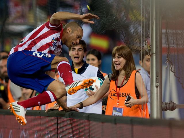 Joao Miranda celebrates scoring for Atletico Madrid