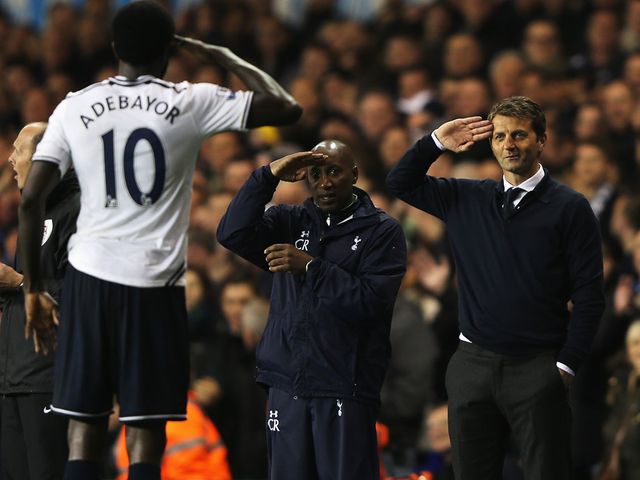 Adebayor salutes his boss after scoring Spurs' fourth