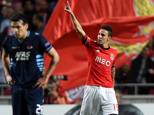 Rodrigo celebrates scoring for Benfica