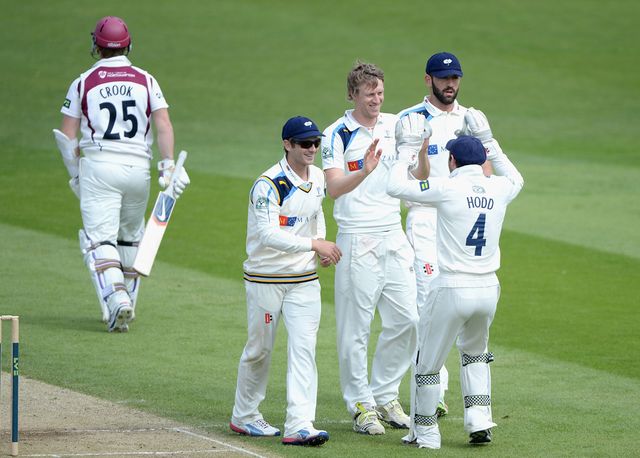 Yorkshire celebrate as Steven Crook is dismissed for just five runs