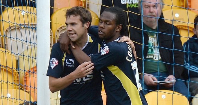 Ashley Yeoman (L) celebrates goal against Mansfield