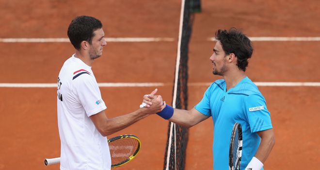 James Ward and Fabio Fognini shake hands at the net after the Italian's win