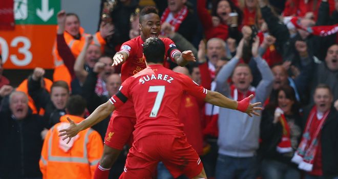 Raheem Sterling celebrates his early opener with Luis Suarez