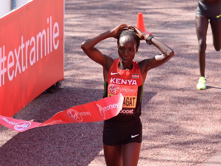 Edna Kiplagat crosses the finish line in London