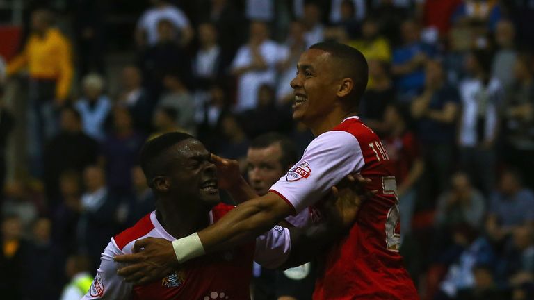 Kieran Agard (l): Celebrates his 26th goal of the season