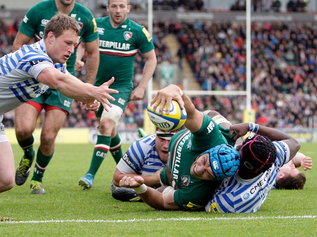 Leicester's Graham Kitchener dives in to score a try