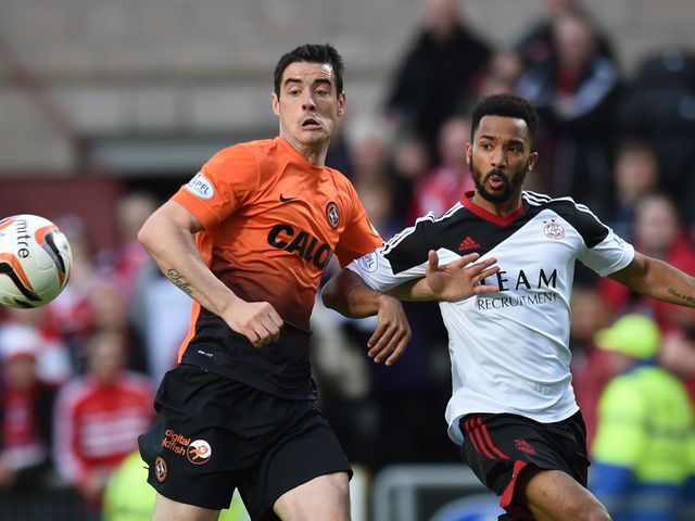 Dundee United's Brian Graham (left) tussles with Shaleum Logan