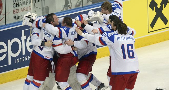 Russia celebrate victory in ice hockey world championship