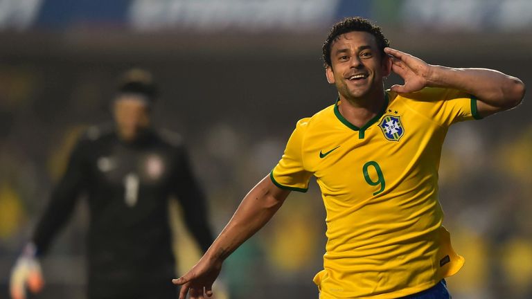 Fred: Striker celebrates scoring the only goal as Brazil beat Serbia