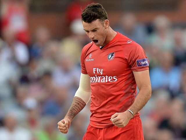 Jordan Clark celebrates taking the wicket of Leicestershire Foxes Niall O'Brien