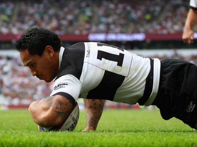 Hosea Gear of the Barbarians scores his second try against England