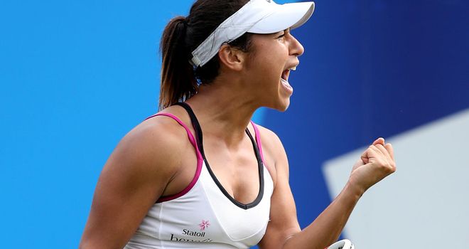 Heather Watson celebrates the moment of victory against No 6 seed Flavia Pennetta