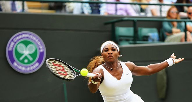 Serena Williams in action during her Ladies' Singles second round match at Wimbledon