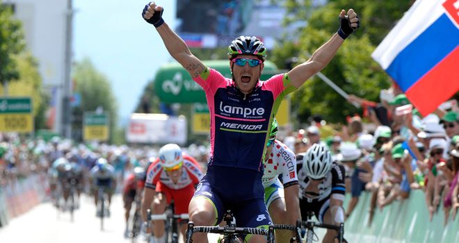 Sacha Modolo celebrates his stage five win in Switzerland