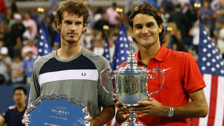 Murray and Federer pose with their trophies after the 2008 US Open final at Flushing Meadows