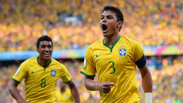 Thiago Silva: Celebrates his opening goal for Brazil
