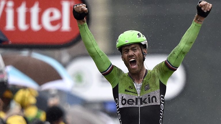 Lars Boom celebrates victory on stage five