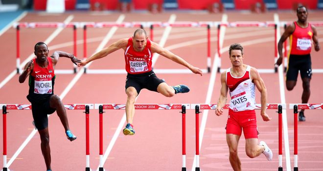 Dai Greene (centre) trails Boniface Mucheru of Kenya (left) and England's Richard Yates