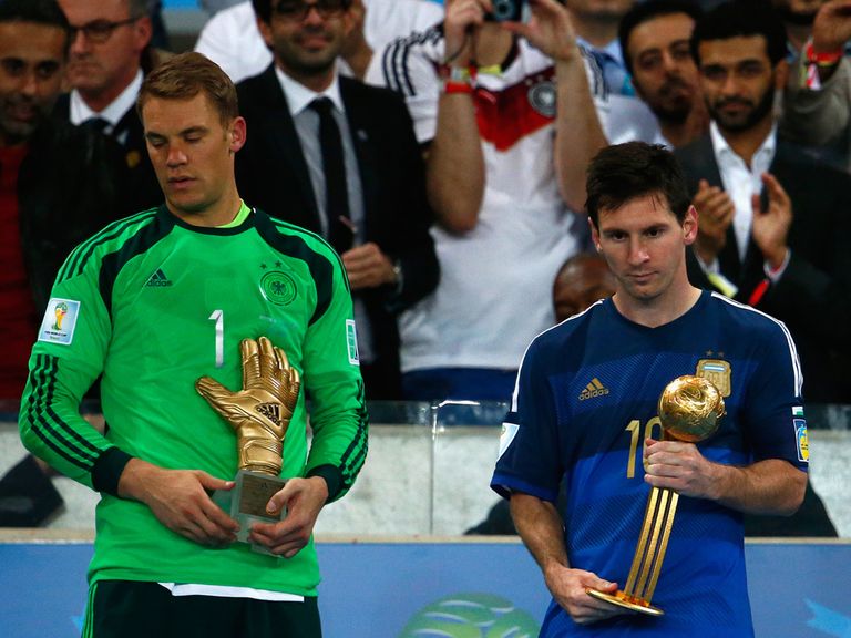 Manuel Neuer and Lionel Messi with their awards