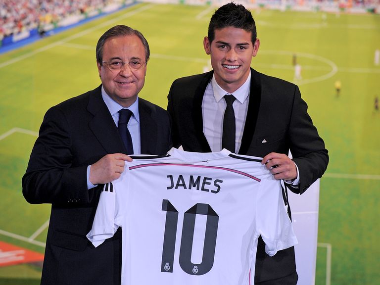 Real Madrid president Florentino Perez greets new signing James Rodriguez