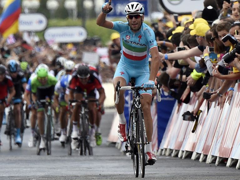 Vincenzo Nibali crosses the line in Sheffield