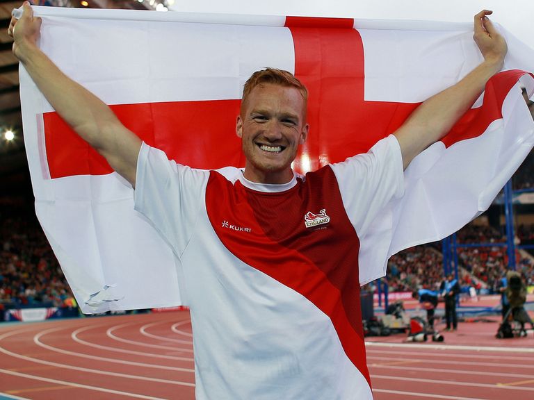 England's Greg Rutherford celebrates winning Commonwealth gold