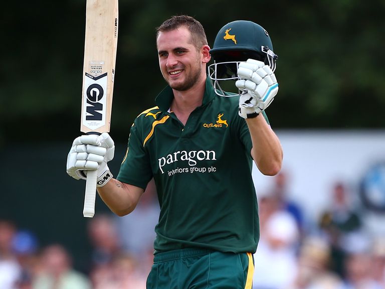 Alex Hales of Nottinghamshire celebrates his century