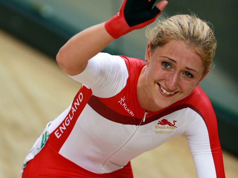 England's Laura Trott celebrates gold in the women's points race