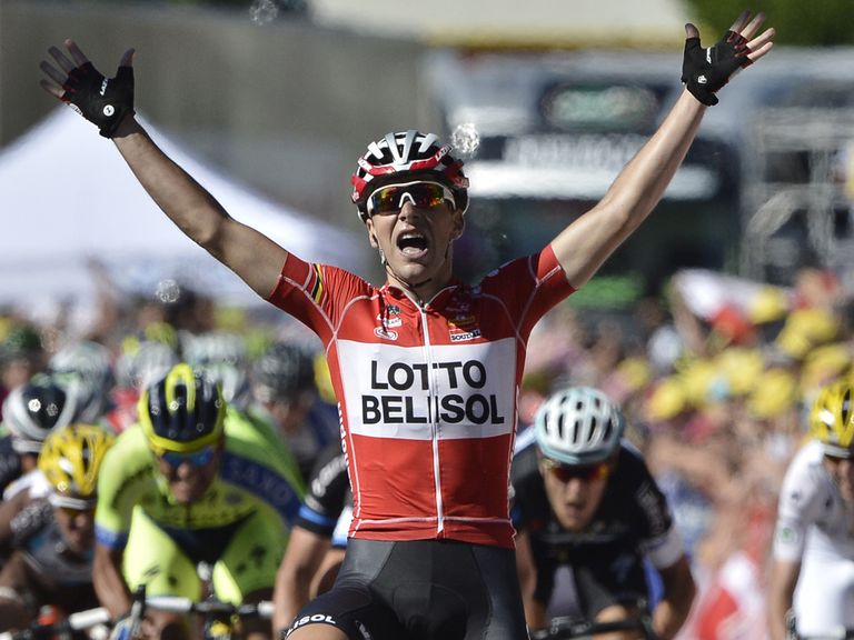 France's Tony Gallopin celebrates as he crosses the finish line