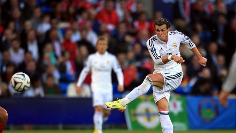 Real Madrid's Gareth Bale shoots during the UEFA Super Cup Final at the Cardiff City Stadium