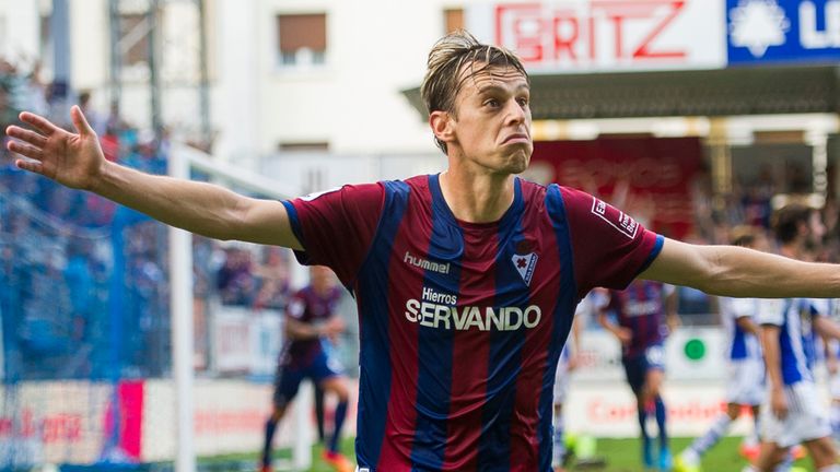 Javier Lara celebrates his winning goal for Eibar