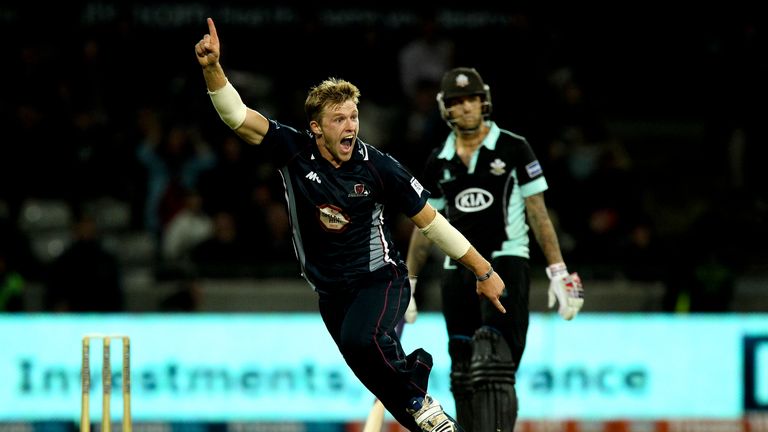 David Willey: Celebrates completing his hat-trick to end the game in style against Surrey