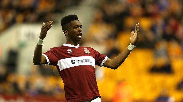 Ivan Toney of Northampton Town celebrates after scoring v Wolves