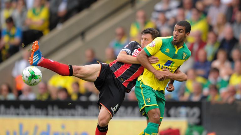 Lewis Grabban: Challenged for the ball by Tommy Elphick