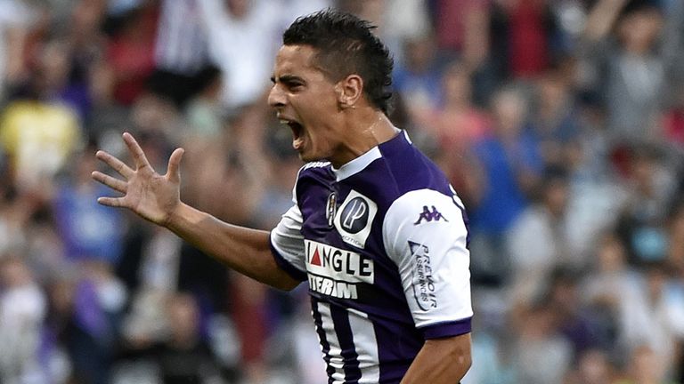 Toulouse's Wissam Ben Yedder celebrates after scoring a goal