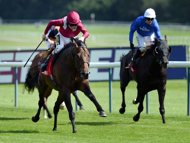 Amralah and Joe Fanning (centre) win the Betfred Rose of Lancaster Stakes at Haydock Park