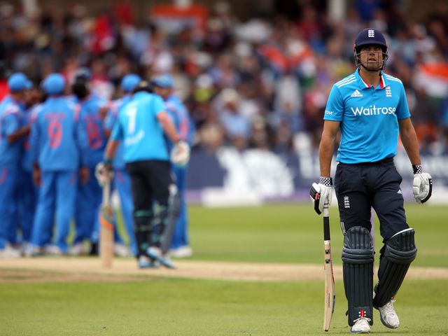 England's Alastair Cook walks off dejected