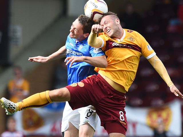 Motherwell's Paul Lawson (right) challenges St Johnstone's Gary McDonald for the header