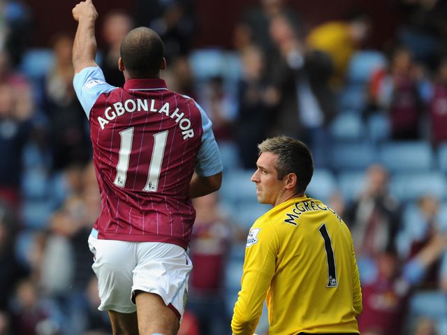 Gabriel Agbonlahor celebrates after opening the scoring at Villa Park